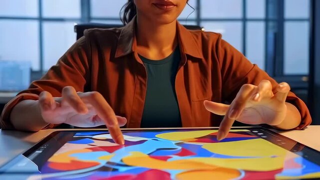 woman using tablet creating collage with colorful icons and shapes multitouch gestures for layering and blending cozy evening studio lighting and focused creative workflow closeup