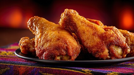 Crispy Golden Fried Chicken Drumsticks on a Black Plate