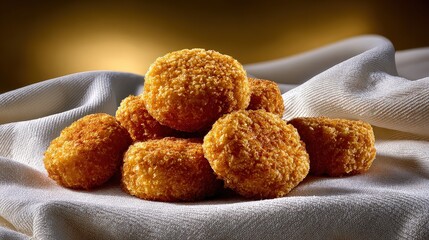 Golden Crispy Breaded Chicken Nuggets on White Fabric