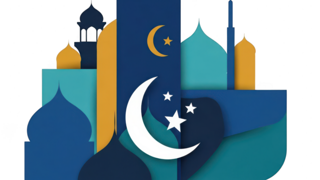 Stylized Islamic mosque silhouette with crescent moon and stars, isolated on transparent background. - Powered by Adobe