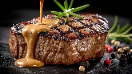 Juicy Grilled Beef Steak with Creamy Peppercorn Sauce and Rosemary