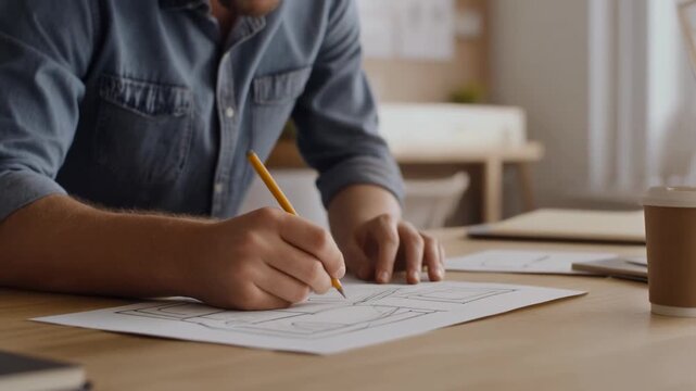 Man Filling Out Form at Desk with Coffee and Papers.