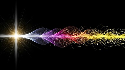 Colorful light wave particle explosion on black background particles