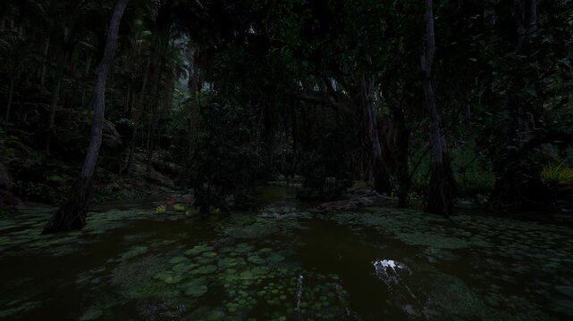 murky swamp under heavy canopy, dark green water dotted with pads, knotted roots and dangling vines, thick shadows create suspenseful, cinematic tension