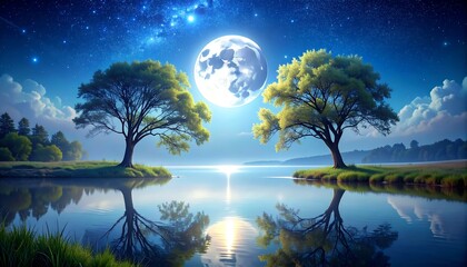 A serene nighttime landscape with a large moon over a calm body of water, surrounded by trees and greenery