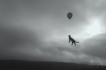A cat tied to a balloon flaoting in the sky