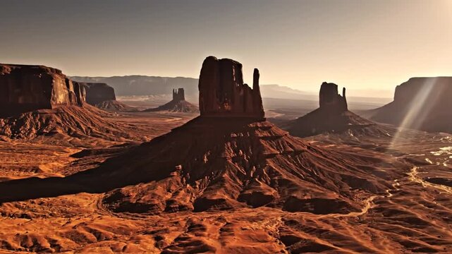 Epic aerial view of iconic sandstone buttes and mesas in Monument Valley desert landscape at sunrise