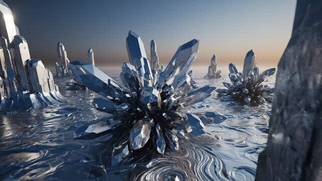 Abstract CGI Crystal Formation in a Cinematic Environment with Reflective Surface and Moody Atmosphere