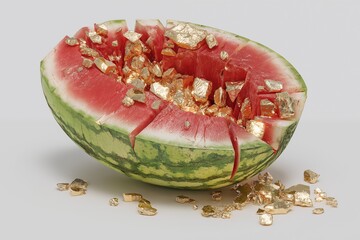 A watermelon cracked with many gold pieces inside