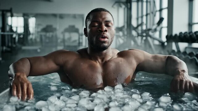 Determined African American athlete taking a cold plunge ice bath in a gym. Perfect for fitness blogs, sports recovery marketing, physical therapy websites, and wellness health magazines
