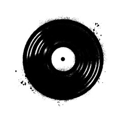 Grunge style illustration of a black vinyl record disk created with a spray paint stencil effect. 