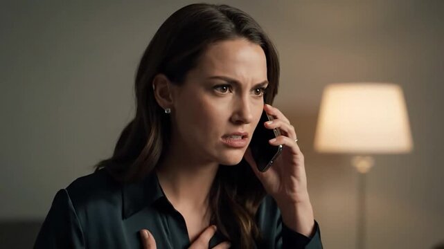 Woman on phone, face contorted in anger, hand on chest