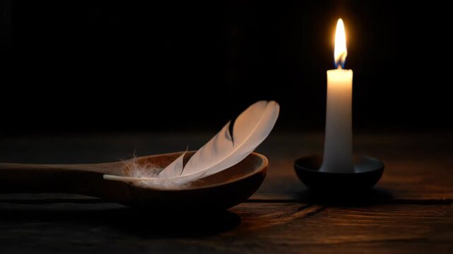 Conceptual still life for the Bedikat Chametz ritual with a wooden spoon, feather, and lit candle on a dark rustic surface. Ideal for Passover traditions and Jewish religious education news