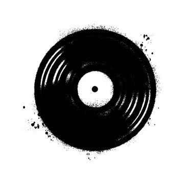 Grunge style illustration of a black vinyl record disk created with a spray paint stencil effect. 