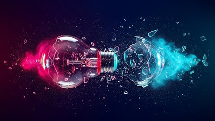 Exploding light bulb with pink and blue neon colors explosion