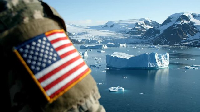 Close-up of a US soldier patch overlooking the snowy Greenland landscape with icebergs. Conceptual image for American military strategy, territorial presence, and Arctic geopolitical interests.