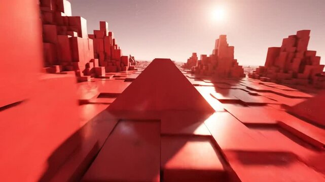 Futuristic abstract red landscape with pyramids and blocky geometric structures under a radiant sun creating a unique design