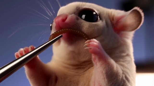 A cream colored sugar glider eats a mealworm from tweezers in a bright studio setting