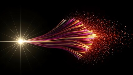 Fiber optic cables emitting colorful light against black background technology