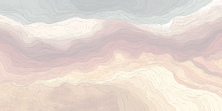 Abstract topographic map lines representing geological strata and landforms in a muted color palette of earth tones and soft grays creating a serene and naturalistic visual texture