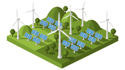 A vibrant isometric vector scene depicts a sustainable energy farm where towering white wind turbines and neat rows of blue solar panels harvest power amidst rolling green hills and scattered trees