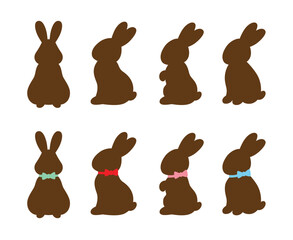 Easter chocolate bunny vector illustration featuring a cute chocolate bunny in four different poses. Includes front and side views, with and without a bow, in a minimal graphic style.