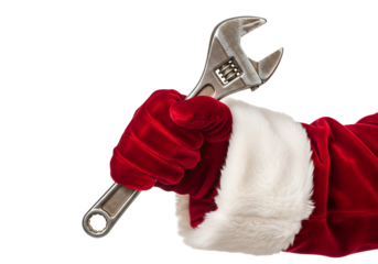 Closeup Santa hand holding wrench on transparent background labor concept 
