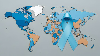 World map with blue ribbon for cancer awareness and support on grey background