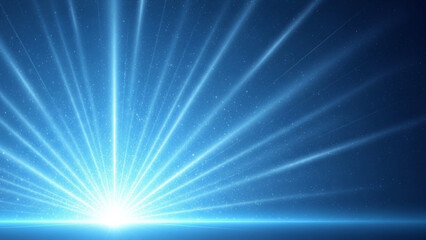 Abstract bright blue light rays and particles bursting from horizon, cosmic energy background