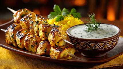 Grilled Chicken Souvlaki Skewers with Saffron Rice and Tzatziki Sauce