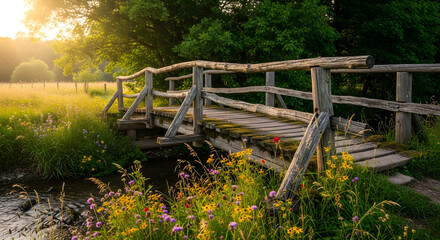 Fototapeta premium Wooden bridge over a stream in summer meadow