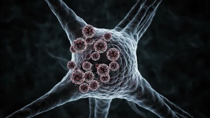 Conceptual 3D medical illustration of virus particles attacking a biological cell or neuron. Perfect for scientific research news, healthcare reports, and viral infection analysis - Powered by Adobe