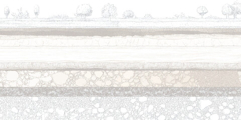 Detailed geological cross-section of layered earth strata with scattered stones and trees in the background in a monochromatic line style