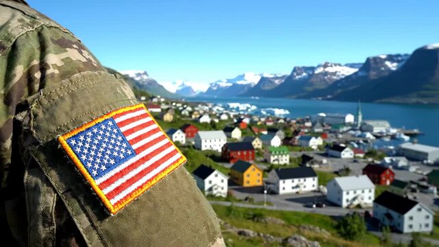 Close-up of a US soldier patch overlooking a colorful Greenland village. Conceptual image for American military presence, Arctic geopolitics, and territorial strategy.