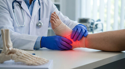 A doctor in blue gloves examines a patient's bandaged ankle with a red glow indicating pain, highlighting injury treatment and recovery in a medical setting