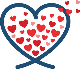 Large navy blue outline heart overflowing with small red and pink hearts, romantic love symbol perfect for wedding invitations, and affection graphics