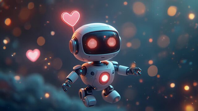 Adorable robot with glowing heart in a whimsical environment.