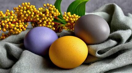 Three Colorful Easter Eggs on Textured Grey Cloth with Yellow Berries