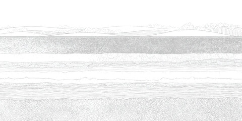 Stylized cross section of earth layers with distant rolling hills and trees geology