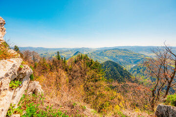 Hiking to peak Tri Koruny or Trzy Korony during day. Pieniny National park in Poland. View from the lookout at the top © Zedspider