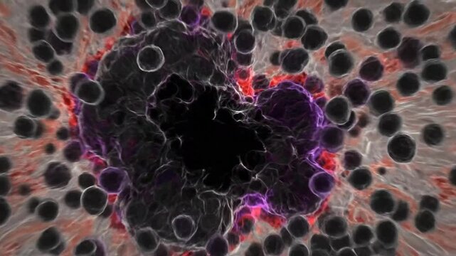 Microscopic view of cell mutations spreading rapidly across a biological system, representing disease and cancer