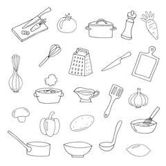 Hand Drawn Kitchen Utensils, Cookware and Vegetables Icons Set in Outline Style
