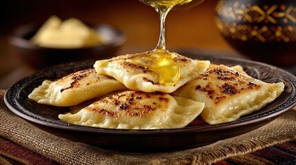 Fried Pierogi with Honey Drizzle on a Ceramic Plate