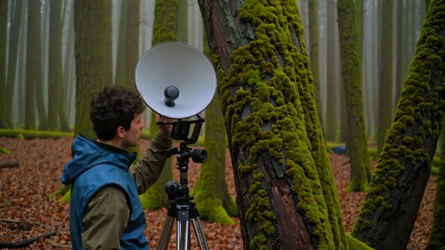 man parabolic microphone mossy forest recording distant bird calls on tripod, foggy morning, fallen leaves underfoot, focused listening for bioacoustics research, hands adjusting