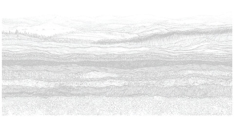 Complex geological strata cross-section revealing varied rock layers and a distant mountainous horizon depicted in a detailed grayscale etching style