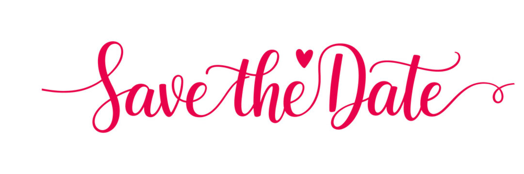 Save the Date Pink Script Text with Heart Concept Isolated on White Background