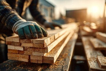 Carpenter Handling Wooden Planks on Construction Site at Sunset