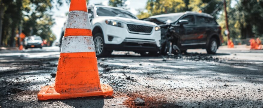 The traffic cone marking a vehicle collision on a city street at midday