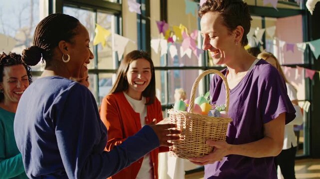 white man receiving basket from black woman smiling diverse group in sunlit cafe decorated with pastel bunting and Easter eggs, volunteer organizer handing colorful basket to recipient,