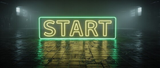 Glowing neon START sign on futuristic city grid